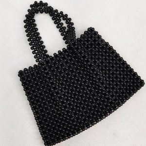 Vintage 1960s MOD Black Beaded Purse Handbag Mini Fan Satchel Lined Interior MCM